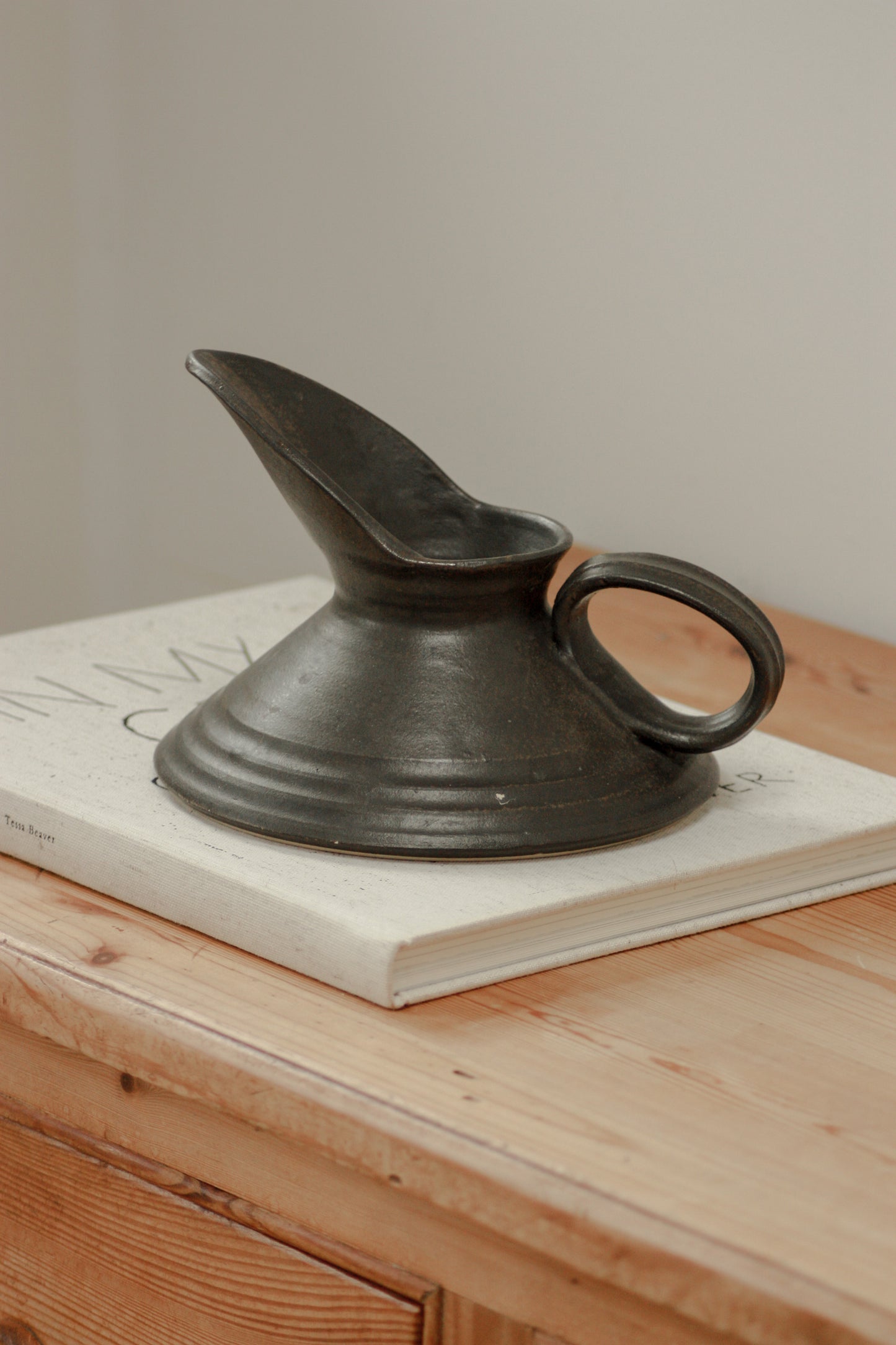 Vintage studio pottery shallow jug with long spout