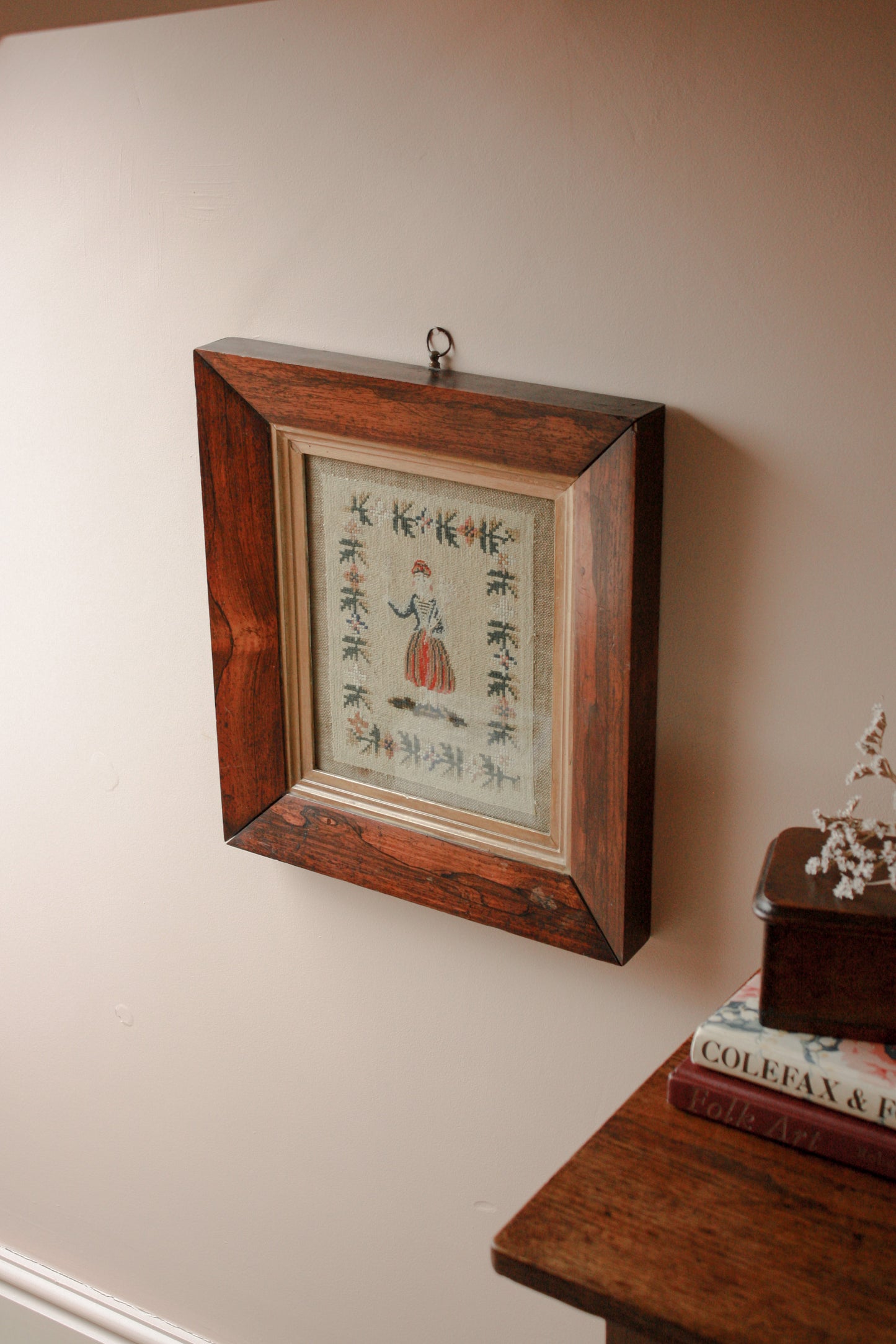 Vintage framed needlepoint embroidery folk art