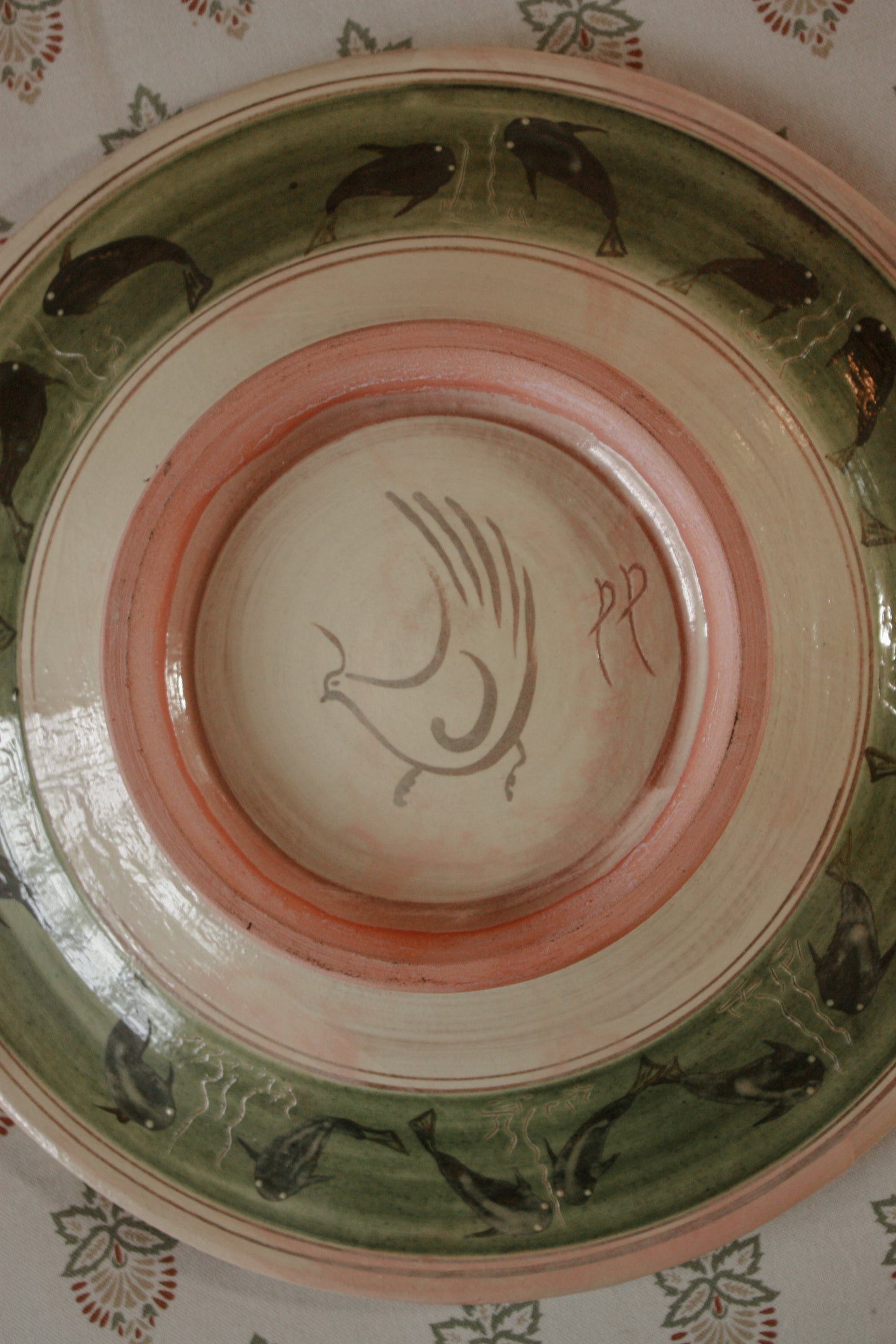 Large vintage slip glaze bowl - blue rim and crab design