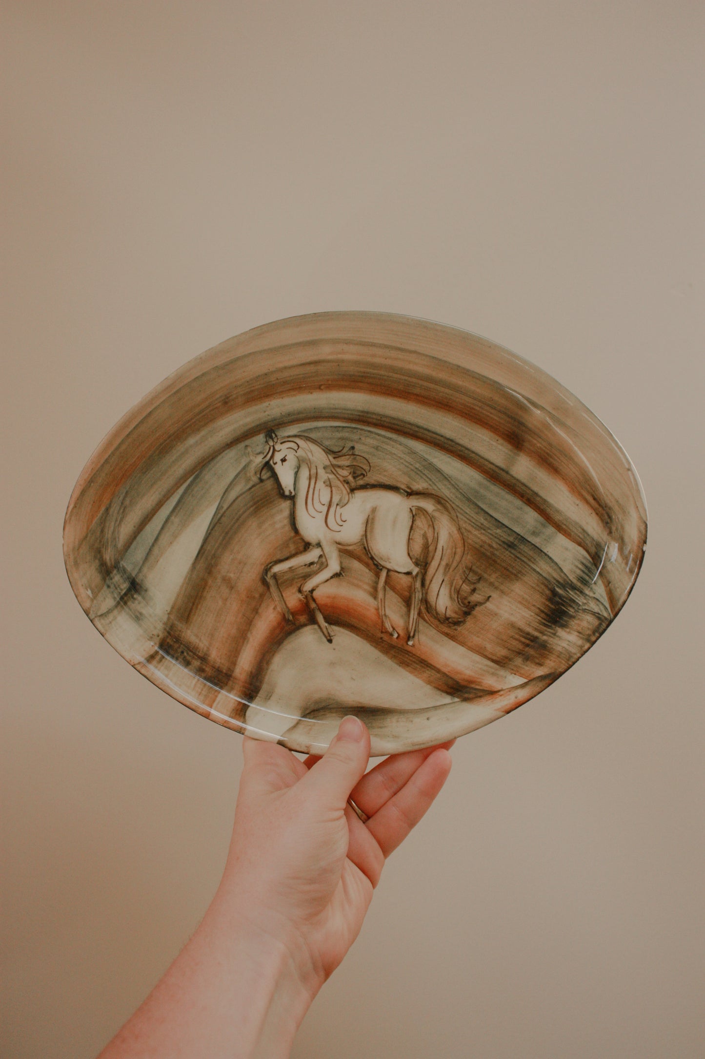 Vintage hand painted art pottery plate - horse