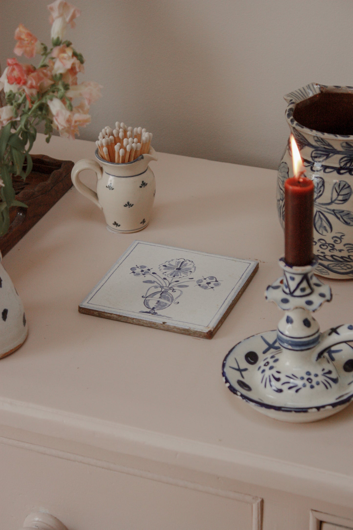 Vintage hand painted blue and white Italian tile / coaster