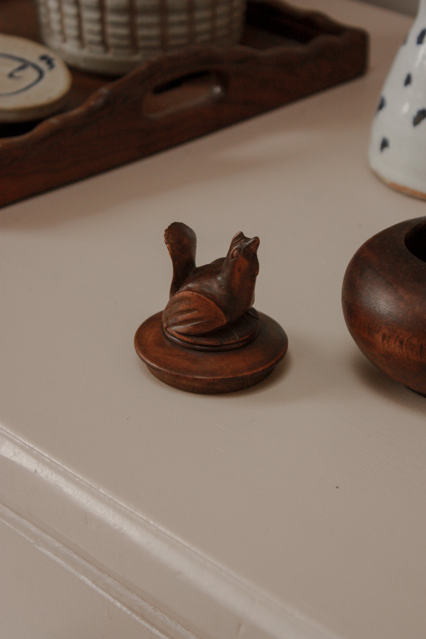 Vintage hand carved wooden chicken pot