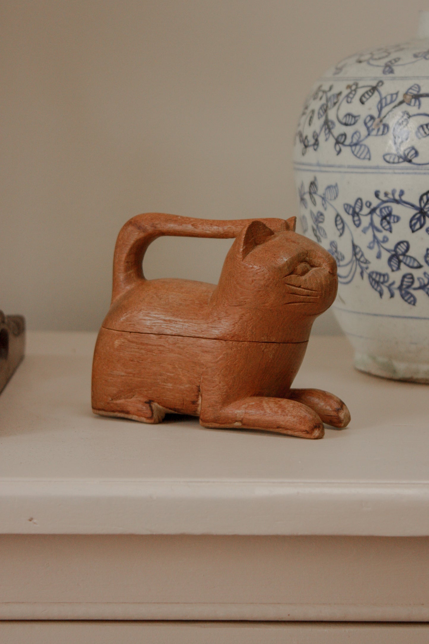 Vintage folk art carved cat box