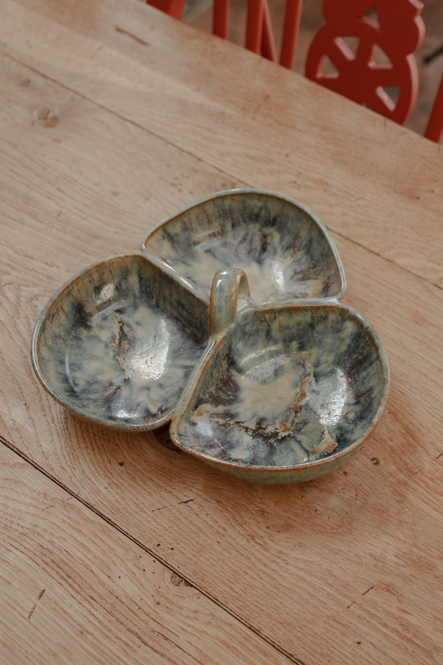 Studio pottery sectional dish with ocean glaze