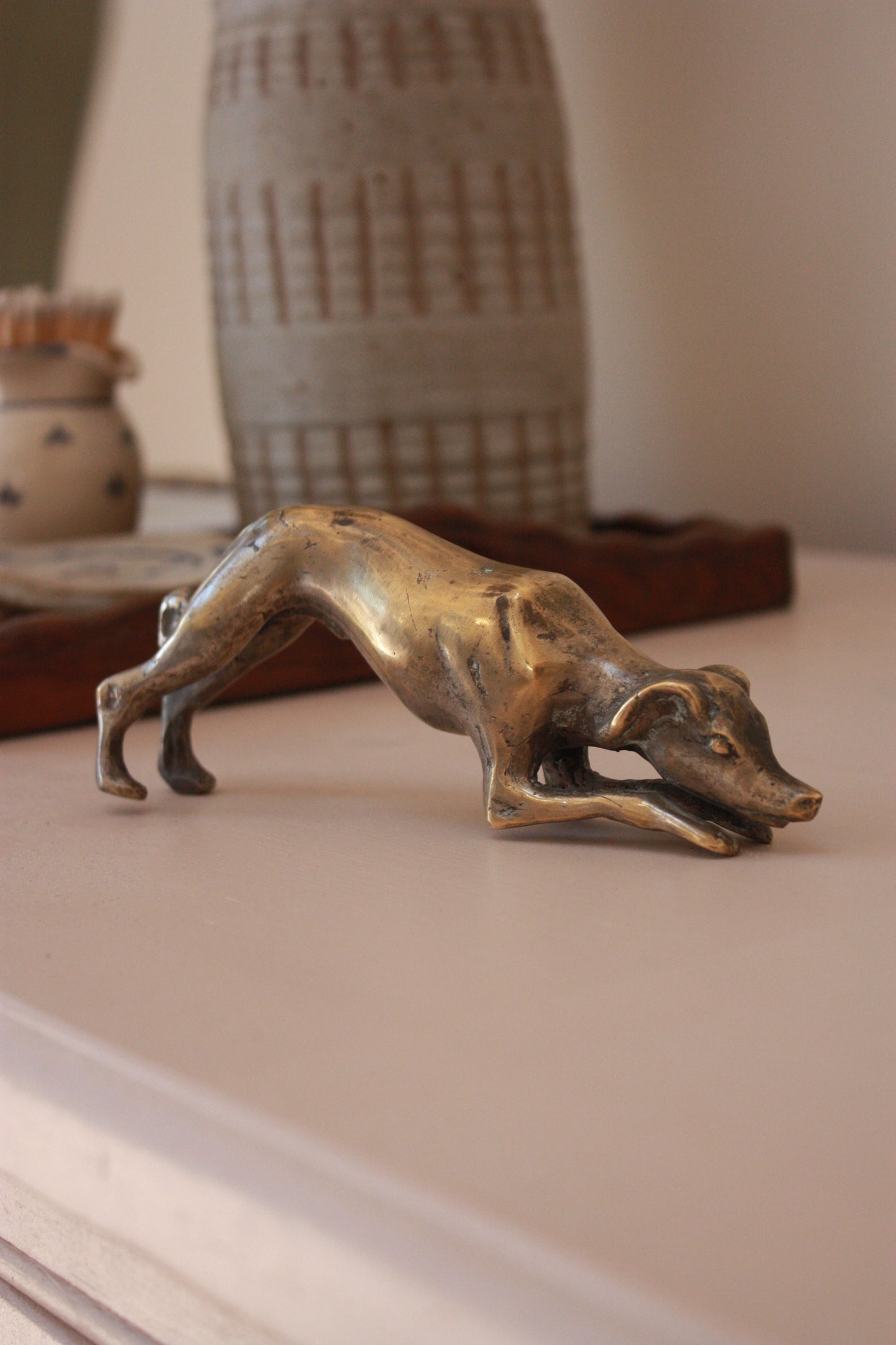 Vintage sculptural brass greyhound - playful