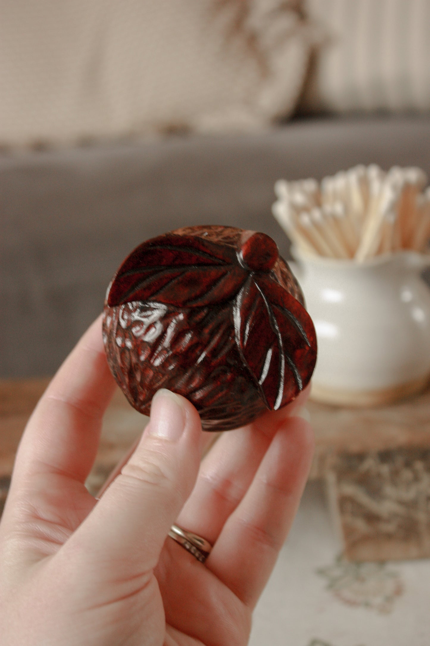 Vintage hand carved walnut pot