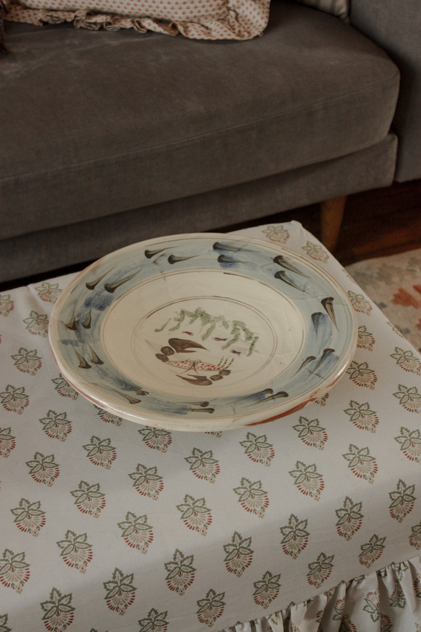 Large vintage slip glaze bowl - blue rim and crab design