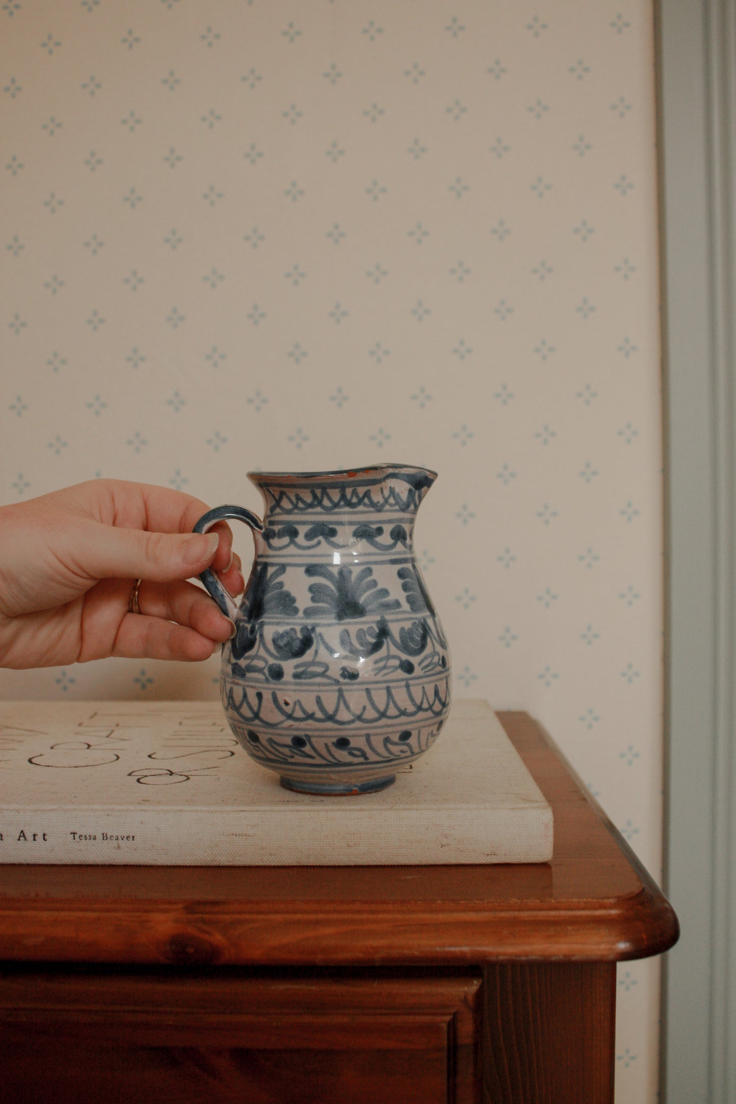 Vintage hand painted blue and white jug