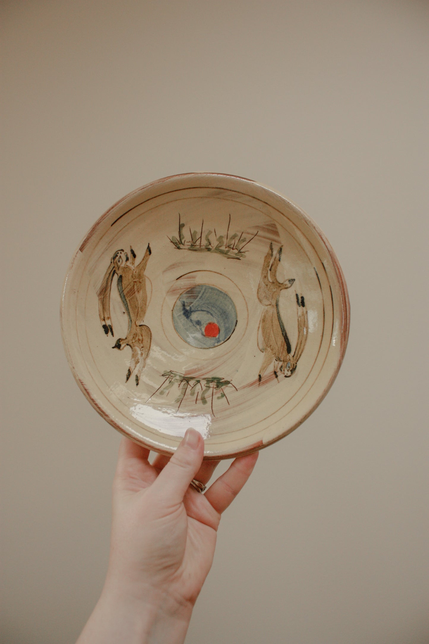 Vintage hand painted plate - boxing hares