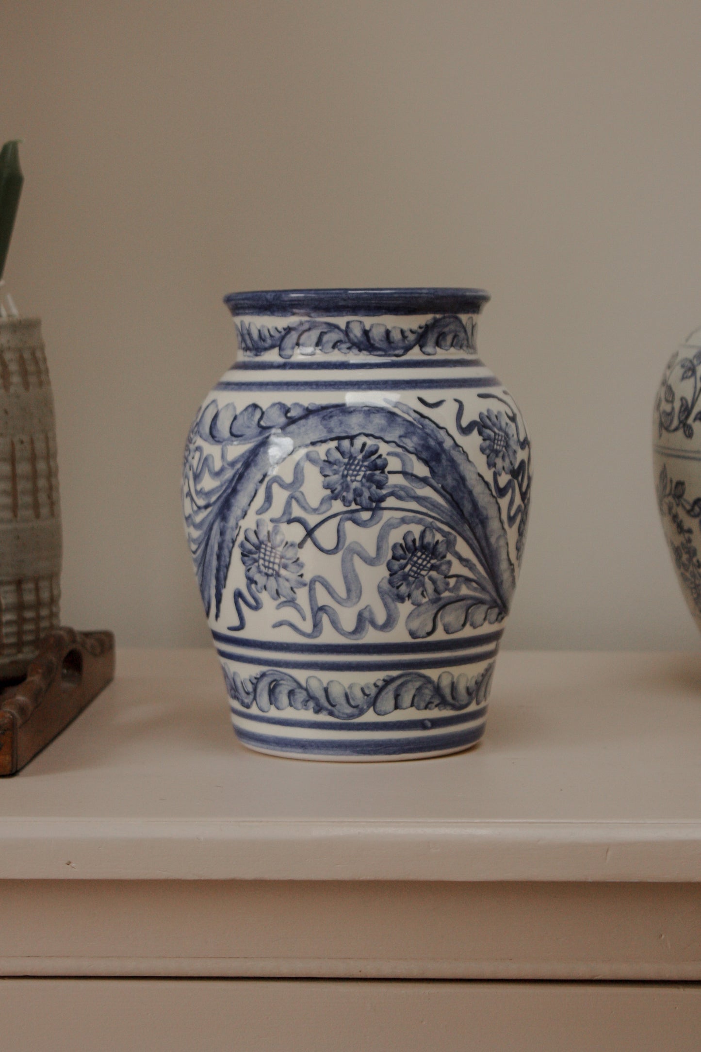 Vintage Mediterranean hand painted blue and white vase