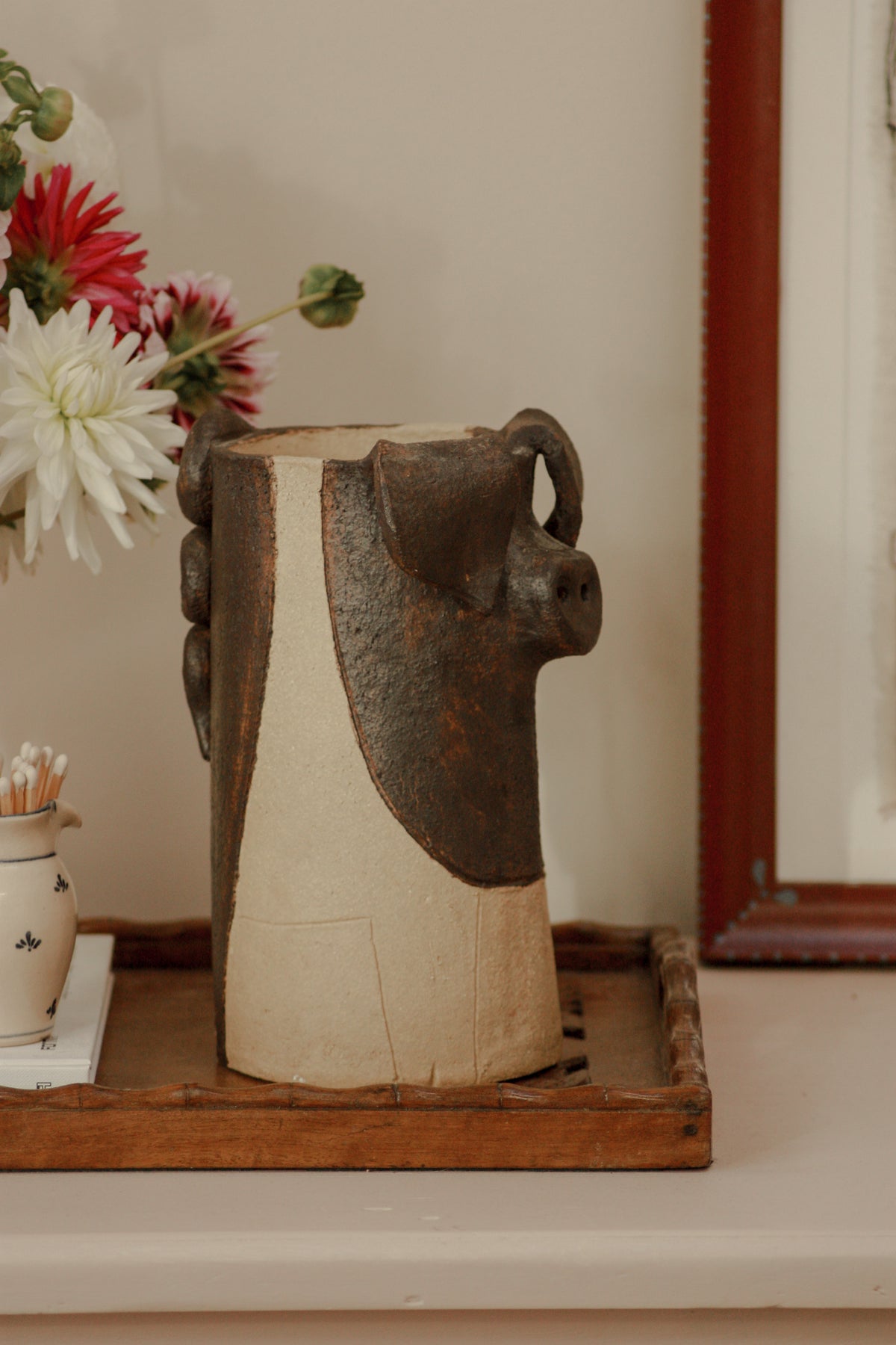 Art pottery saddleback pig tall pot