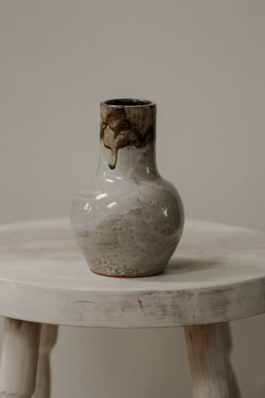 Vintage French studio pottery vase with drippy olive glaze