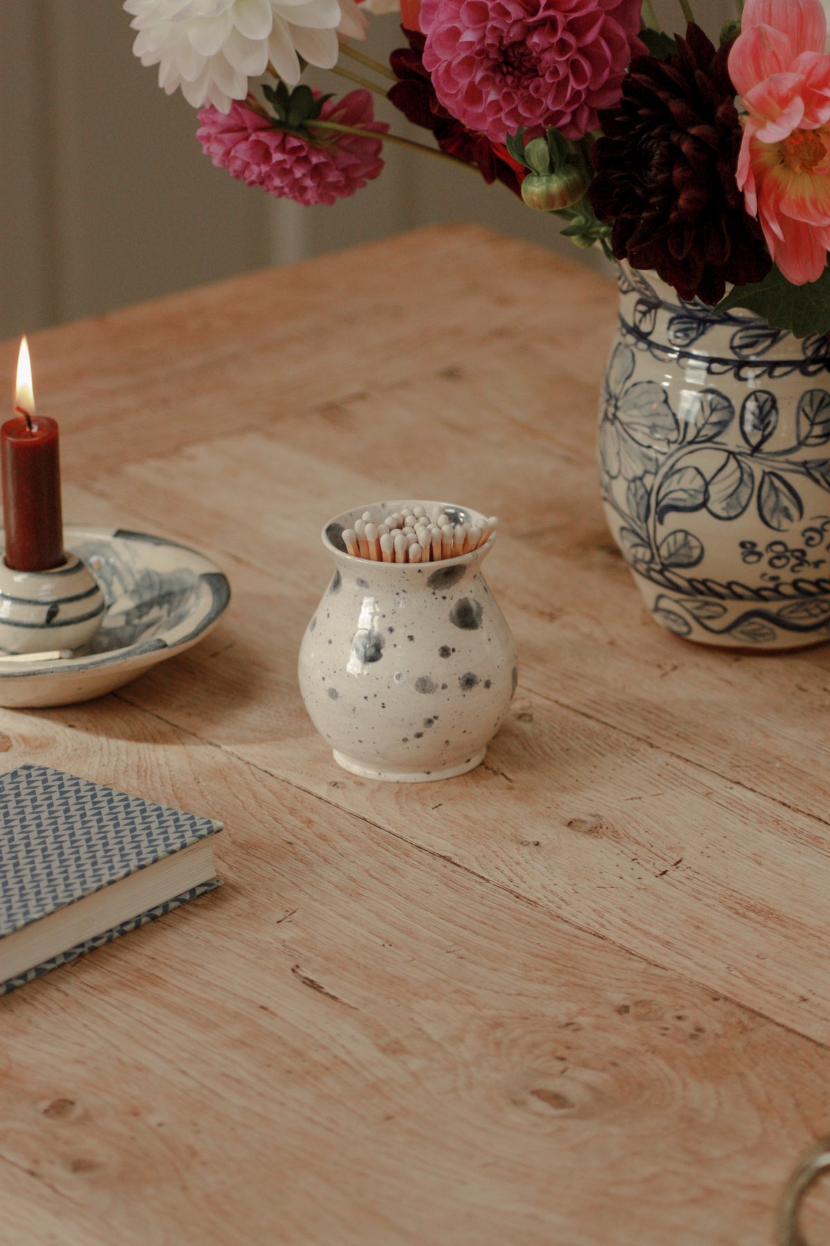 Contemporary art pottery blue and white splatter pot