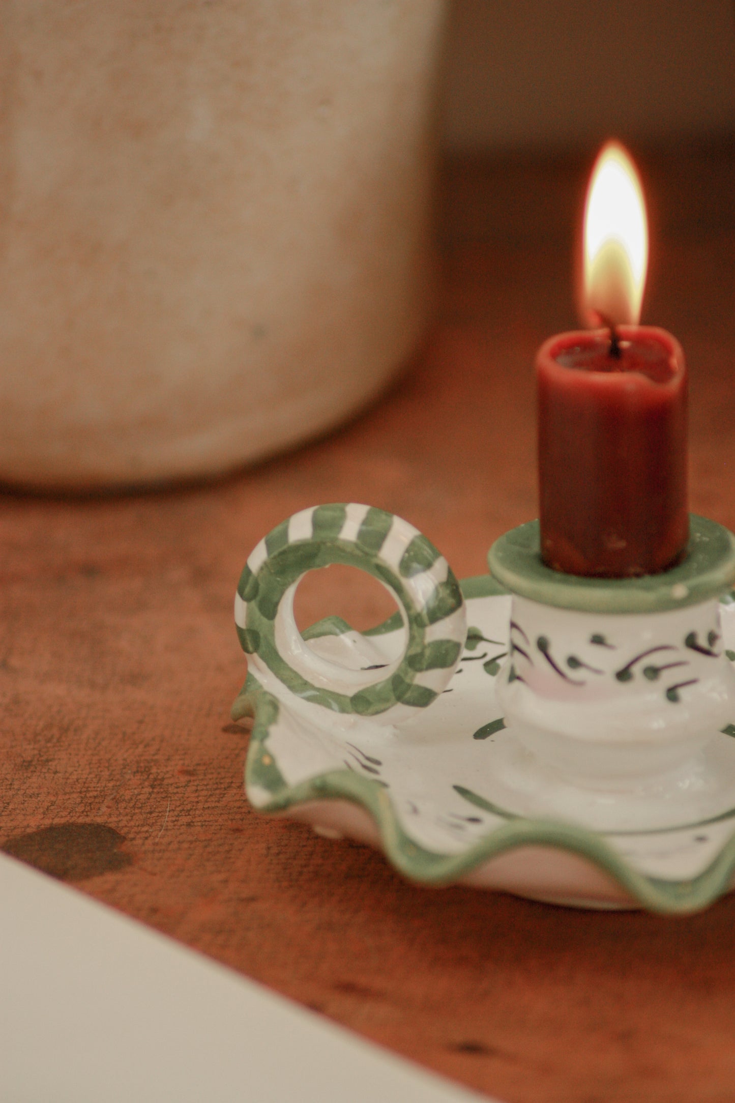 Vintage ruffle rim pottery candleholder chamberstick