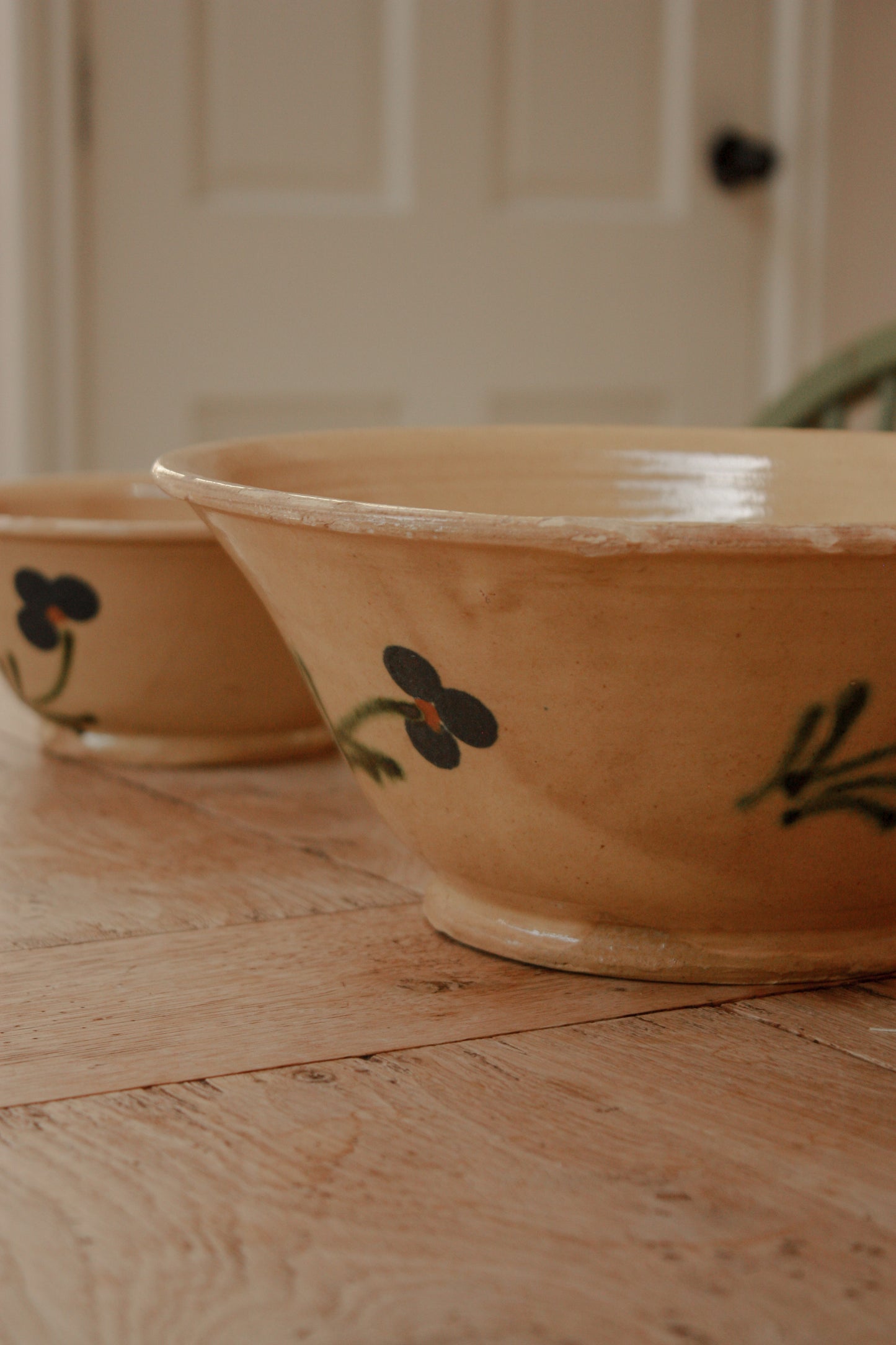 Large French slipware bowl - cream floral