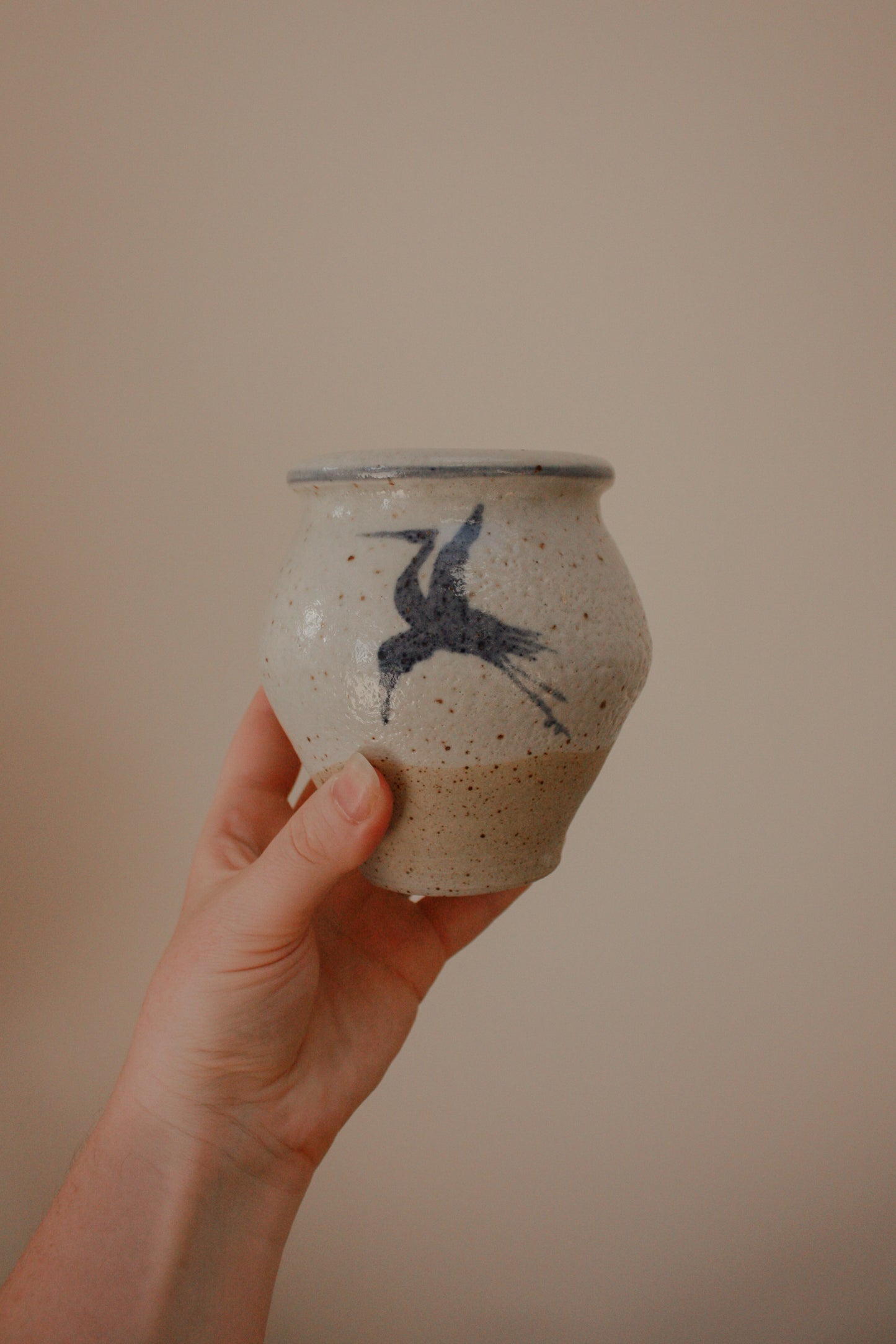 Handpainted Crane studio pottery vessel