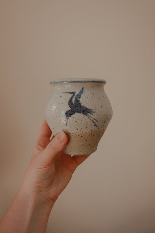 Handpainted Crane studio pottery vessel