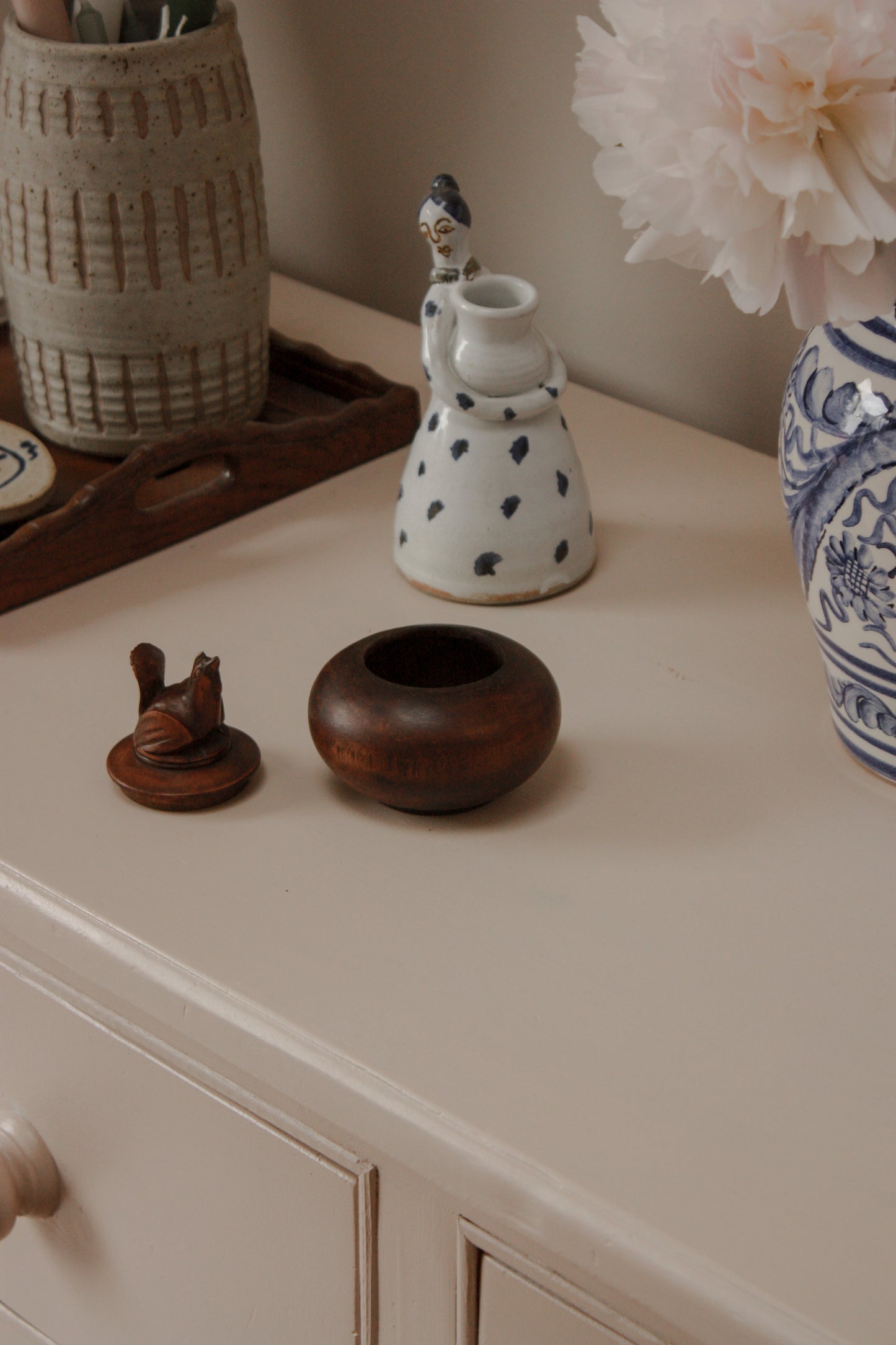 Vintage hand carved wooden chicken pot