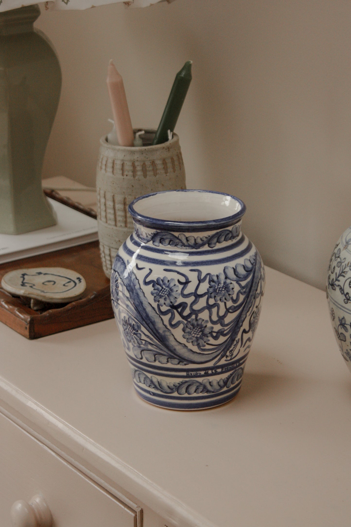 Vintage Mediterranean hand painted blue and white vase