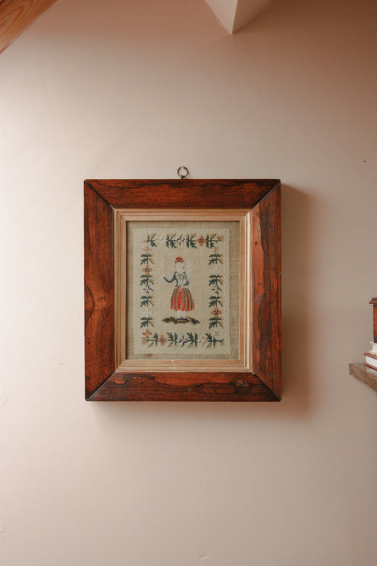 Vintage framed needlepoint embroidery folk art