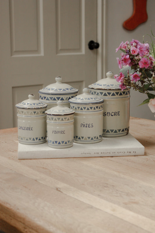 Vintage 1930s enamel canister set - geometric design