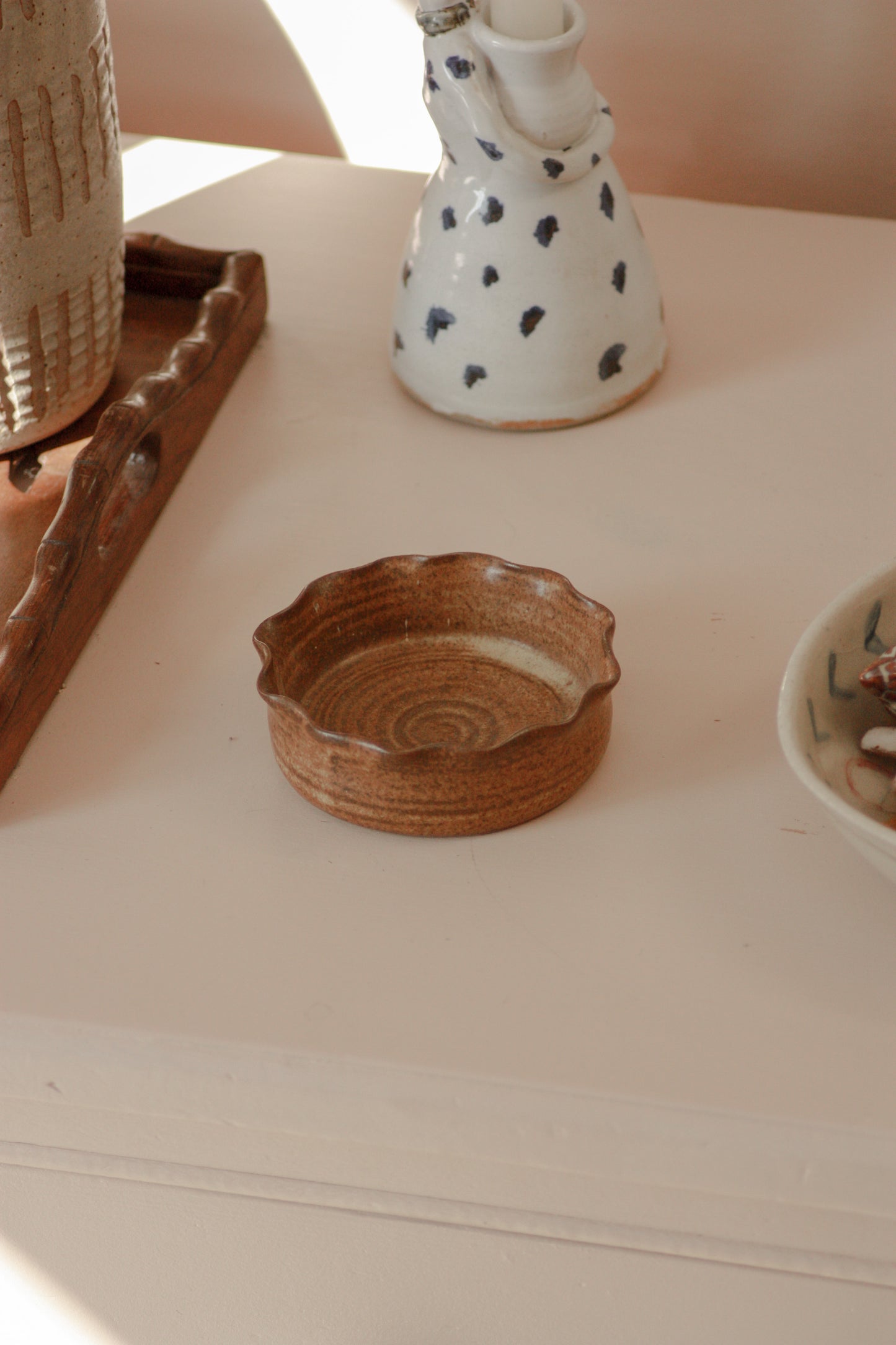 Vintage studio pottery ruffle rim dish