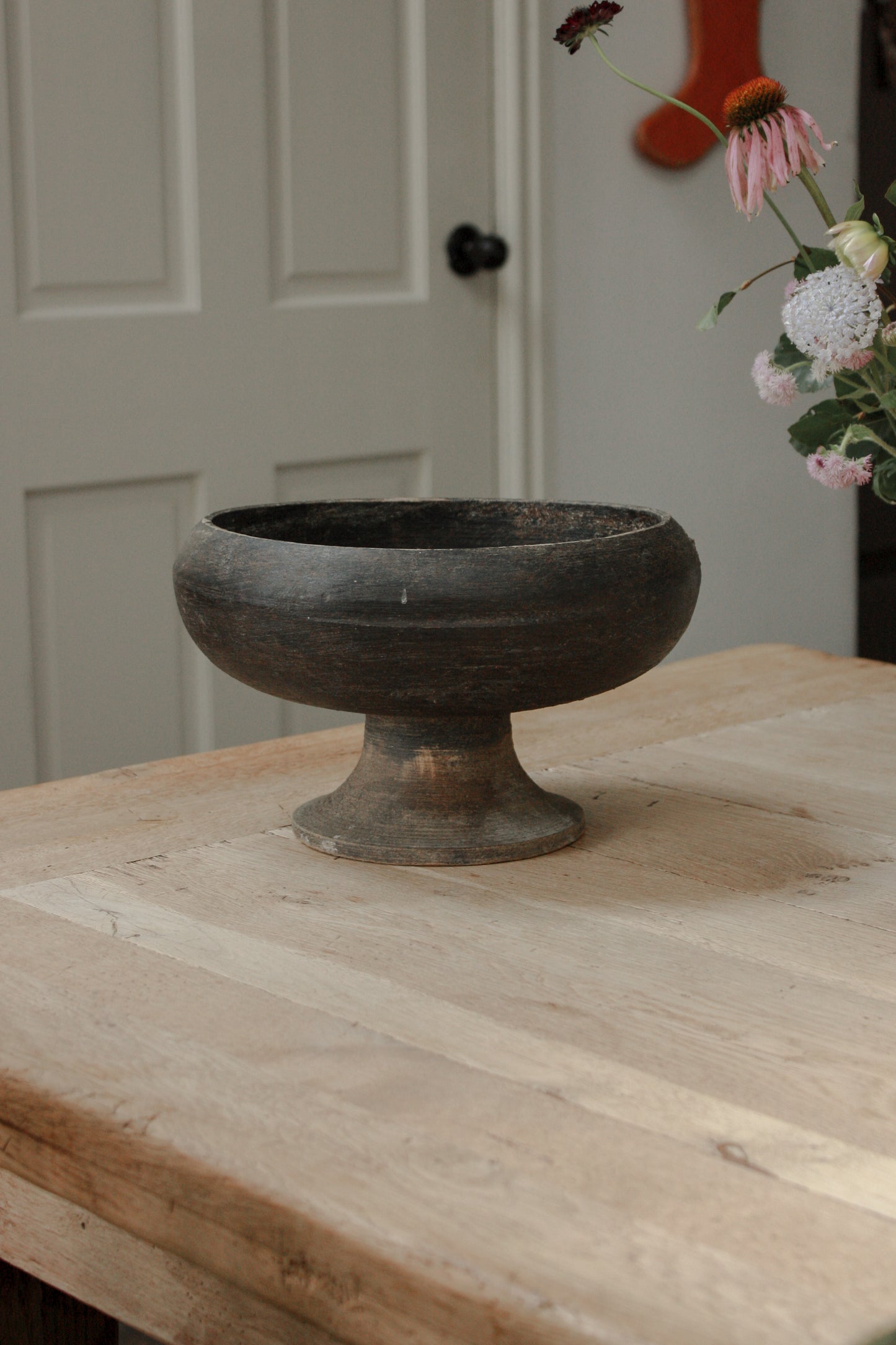 Vintage hand formed wooden pedestal bowl