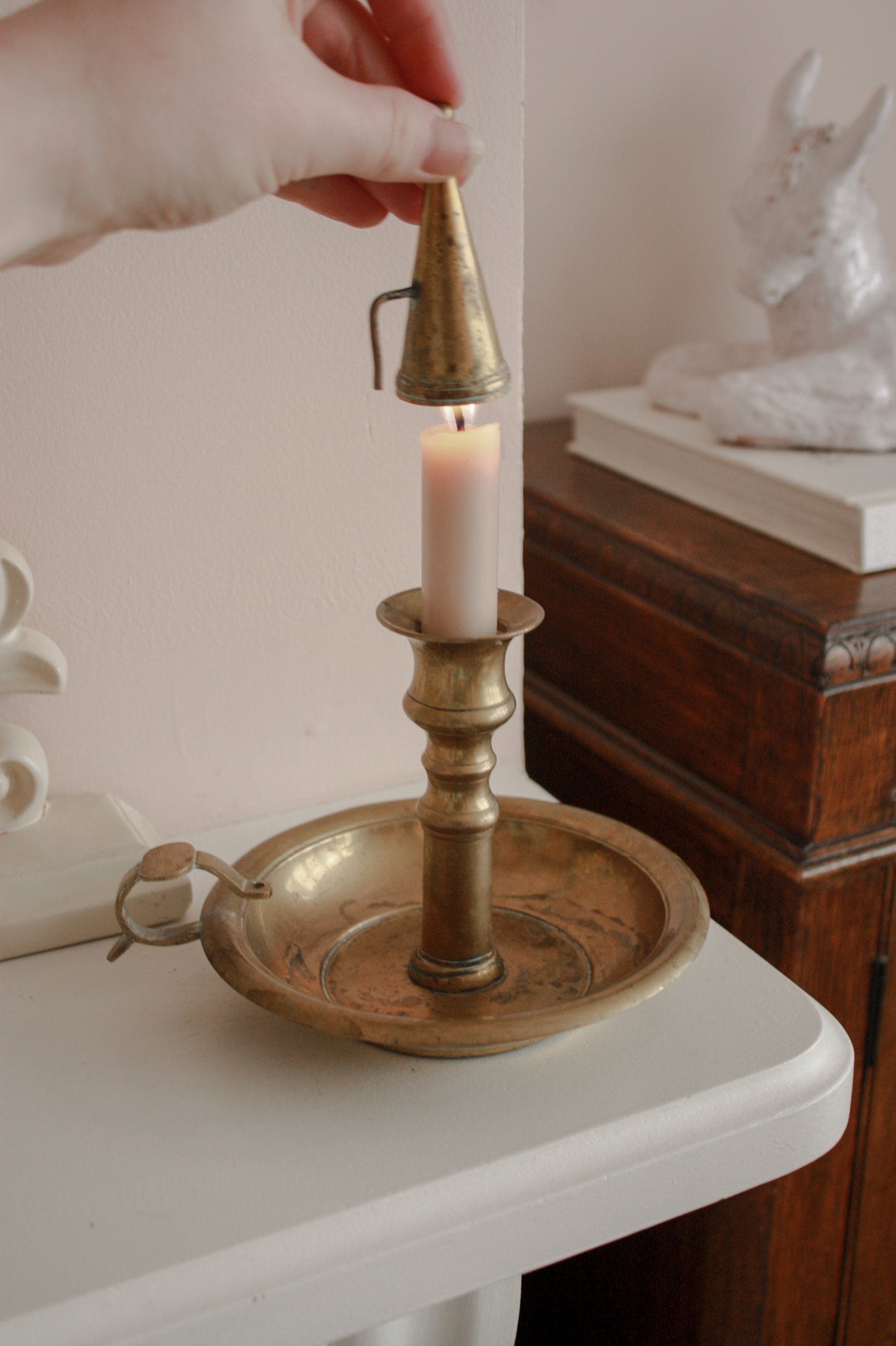 Large vintage brass candleholder with snuffer