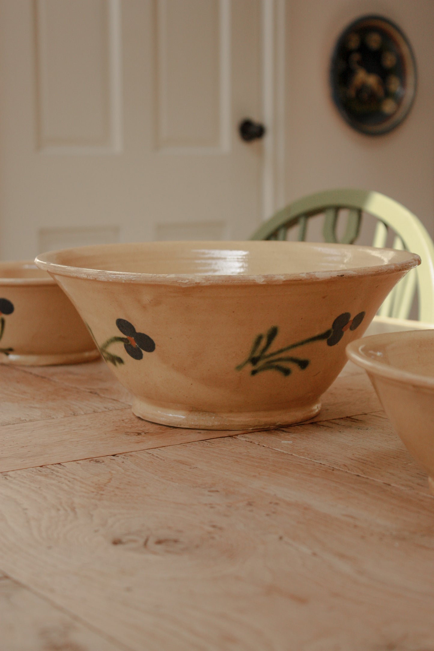 Large French slipware bowl - cream floral