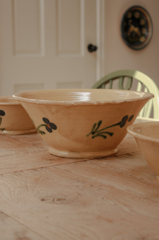 Large French slipware bowl - cream floral
