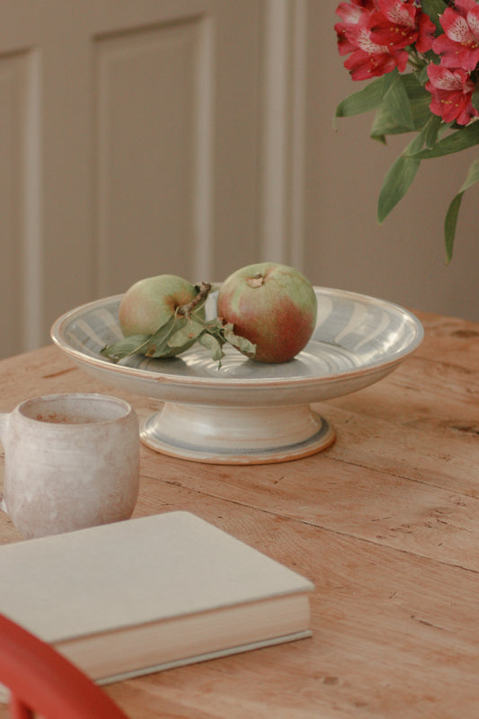 Studio pottery blue and white cake / fruit stand