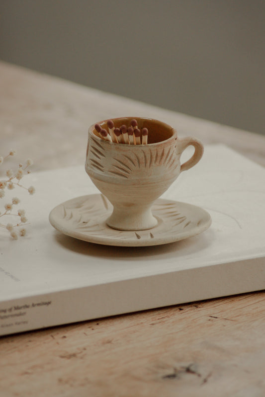 Folk art teacup and saucer matchpot