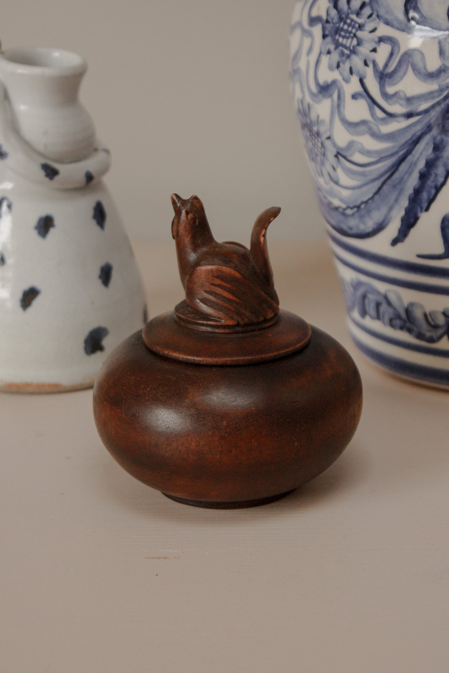 Vintage hand carved wooden chicken pot
