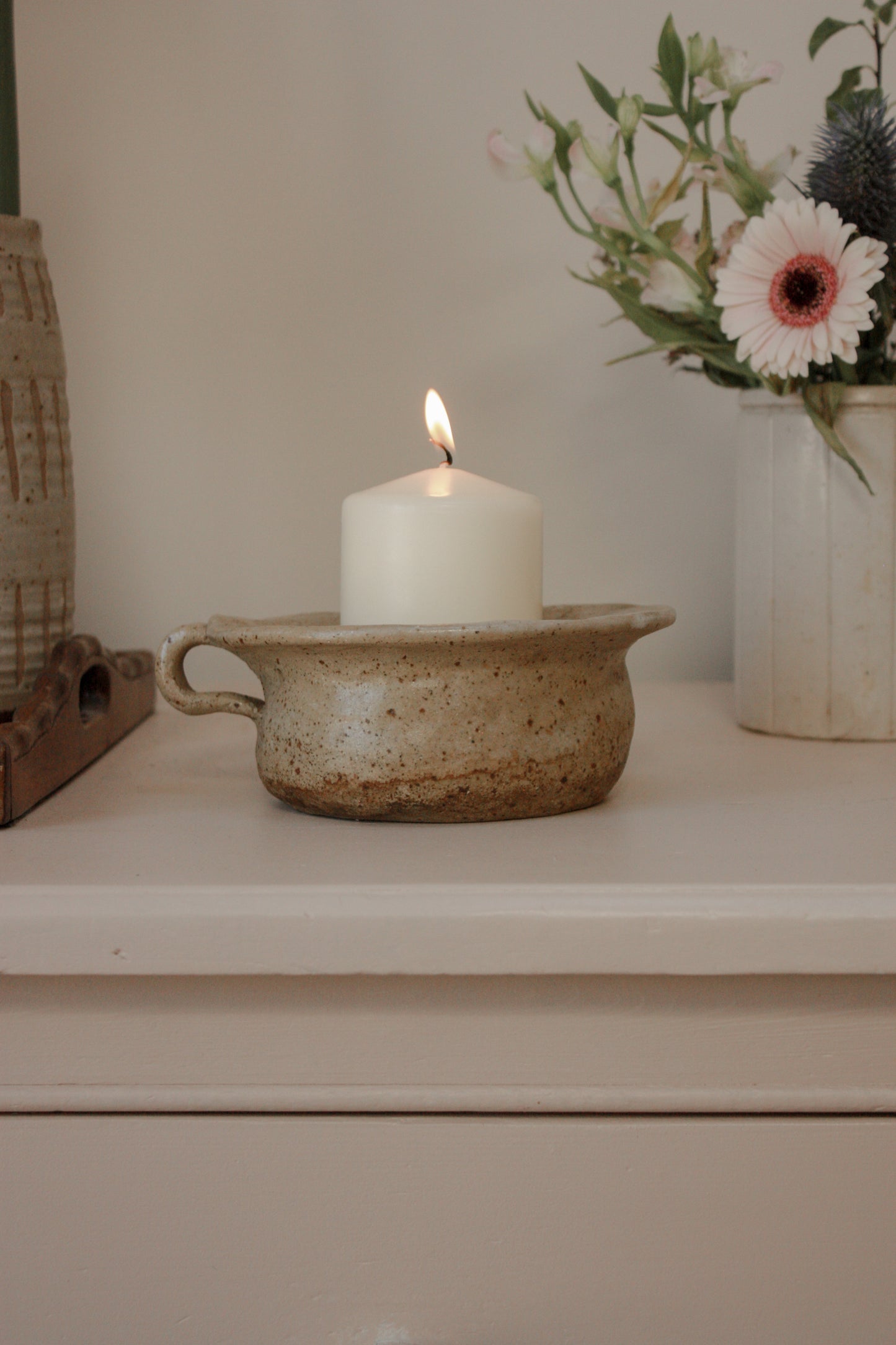 Vintage naive art pottery pot / candle holder