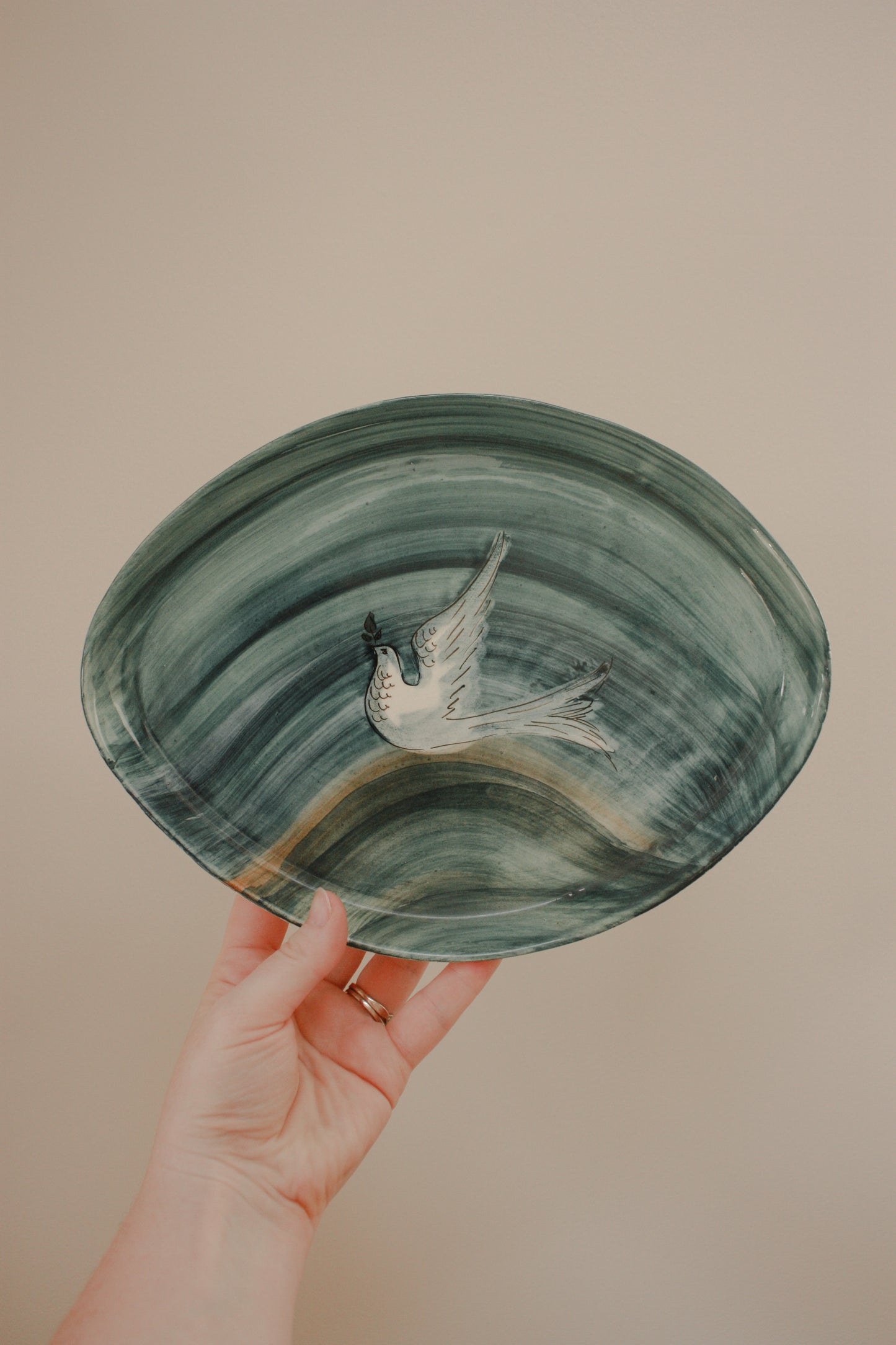 Vintage hand painted art pottery plate - dove