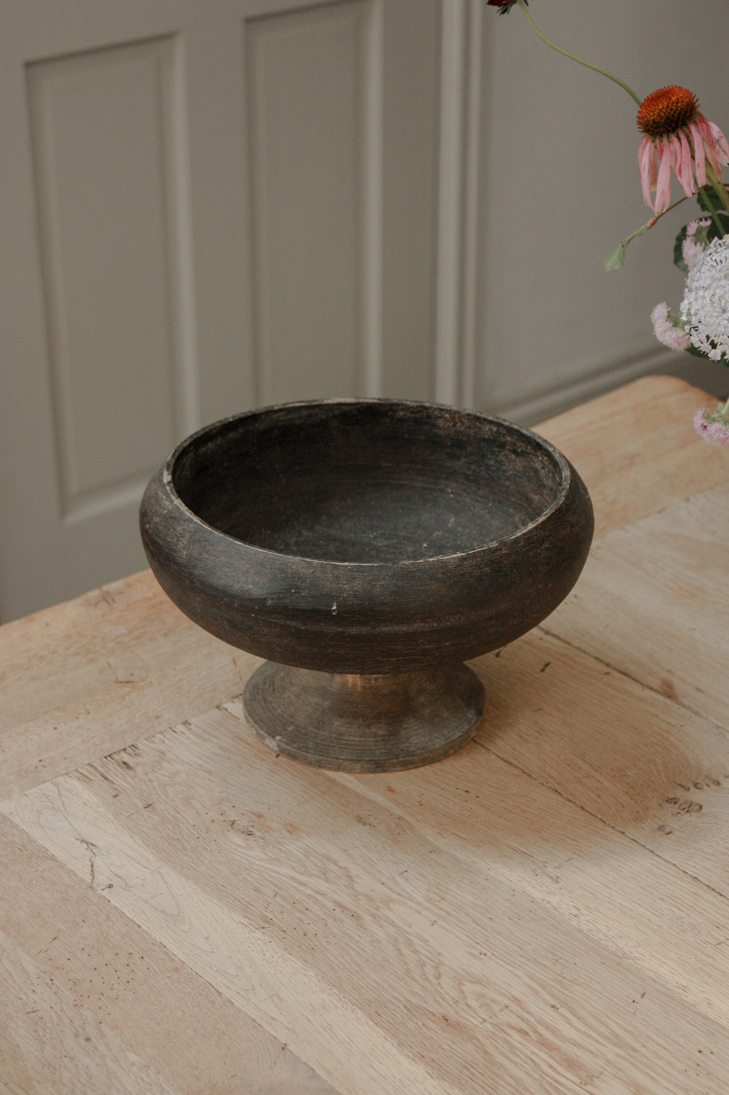 Vintage hand formed wooden pedestal bowl