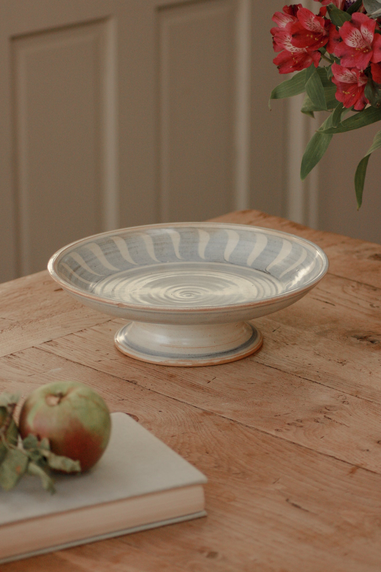 Studio pottery blue and white cake / fruit stand