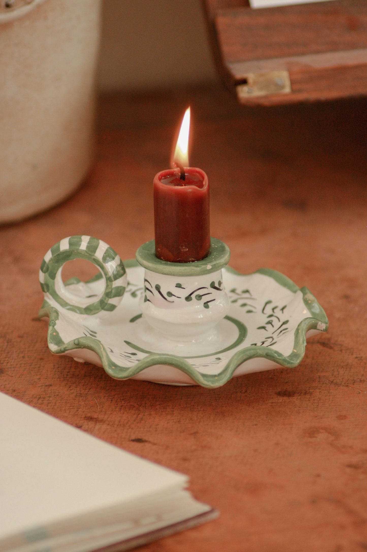 Vintage ruffle rim pottery candleholder chamberstick
