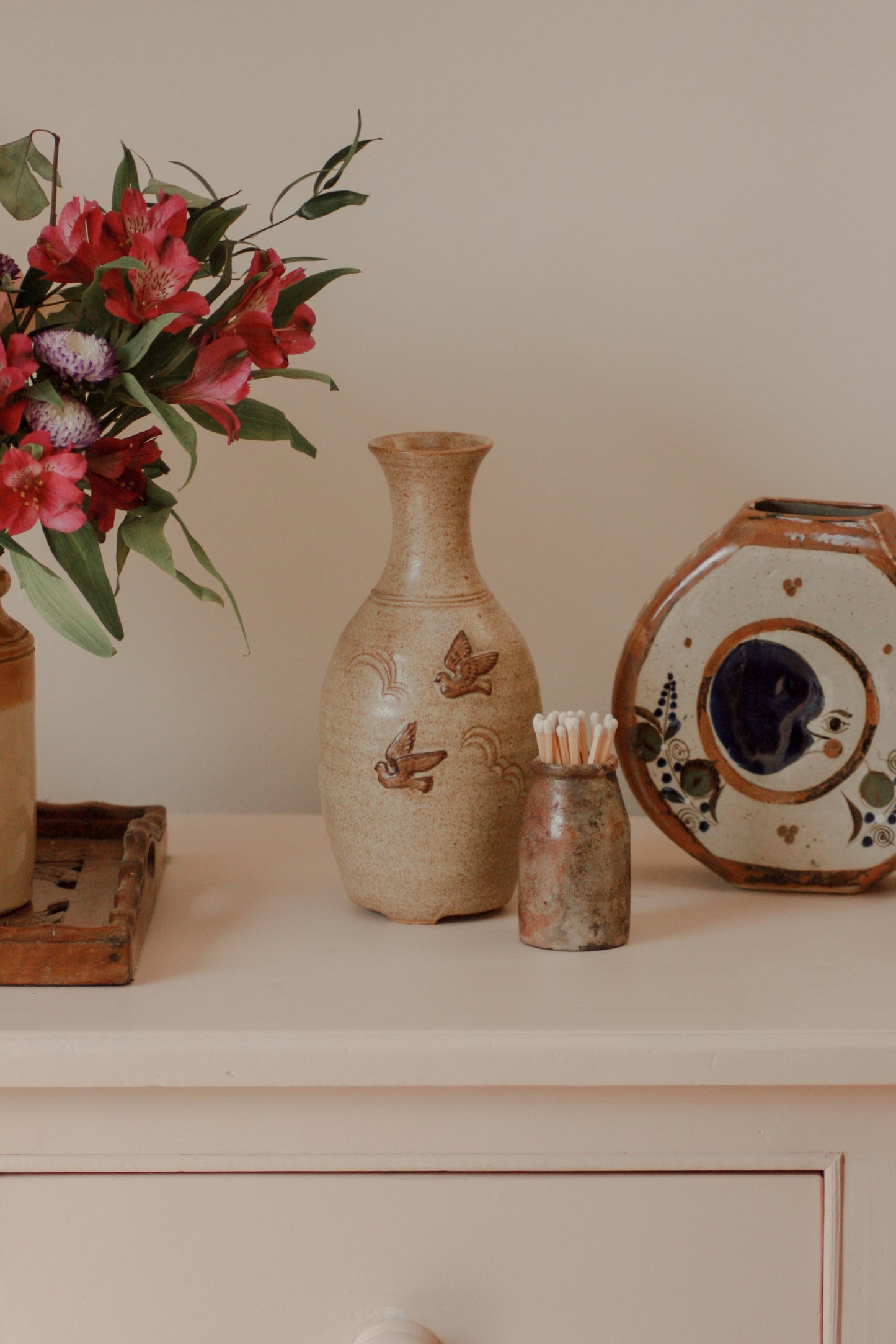 Vintage studio pottery vase with dove design