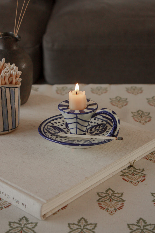 Vintage blue and white ceramic candleholder
