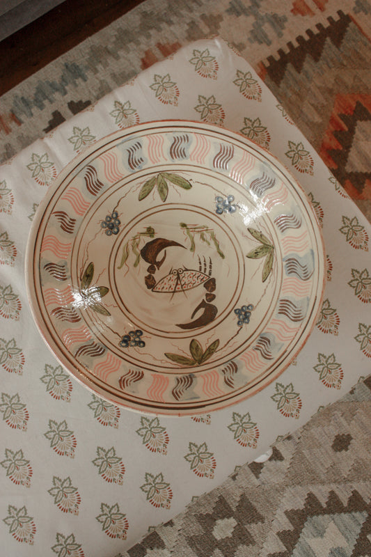 Large vintage slip glaze bowl - crab coastal design