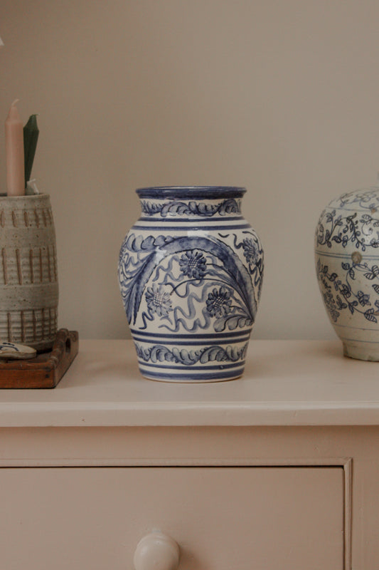 Vintage Mediterranean hand painted blue and white vase