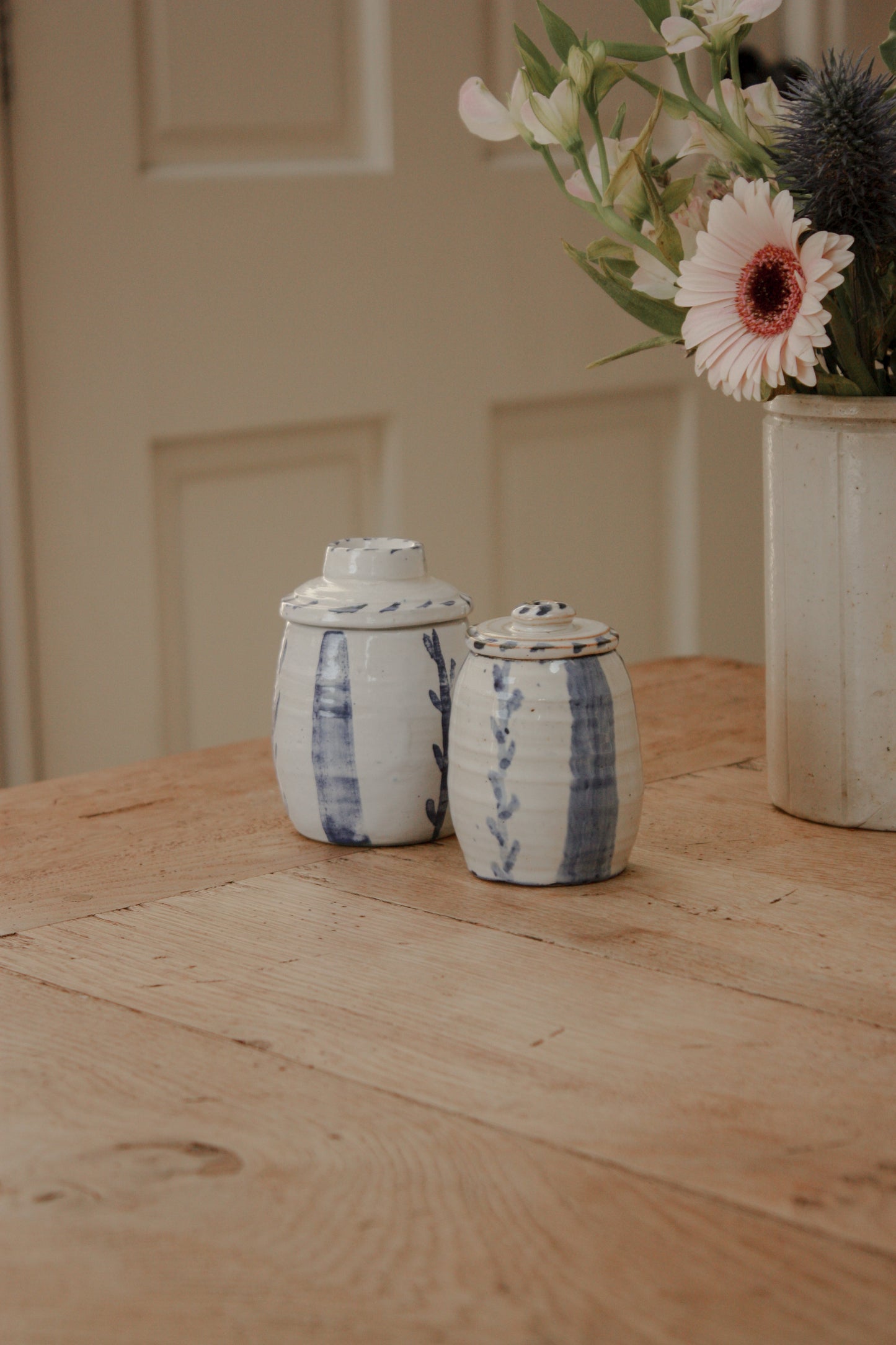 Vintage art pottery lidded pots - set of two