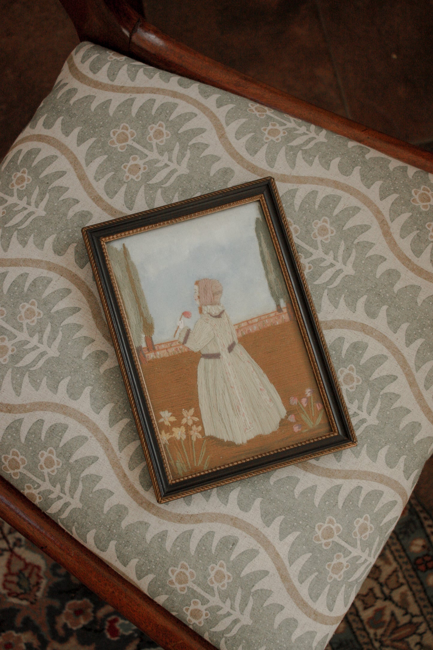 Antique folk art framed embroidery picture - stop and smell the roses