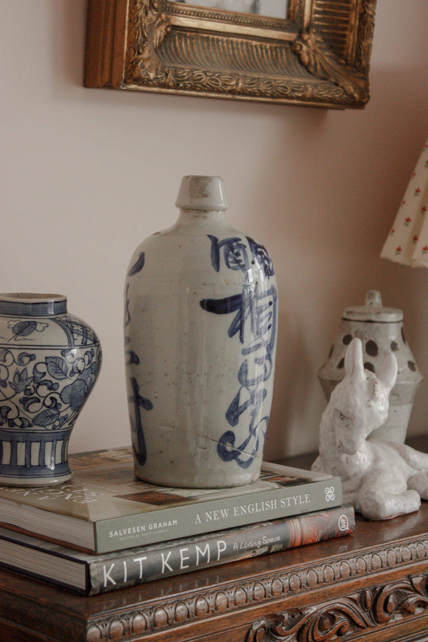 Vintage Japanese Saki bottle - blue lettering