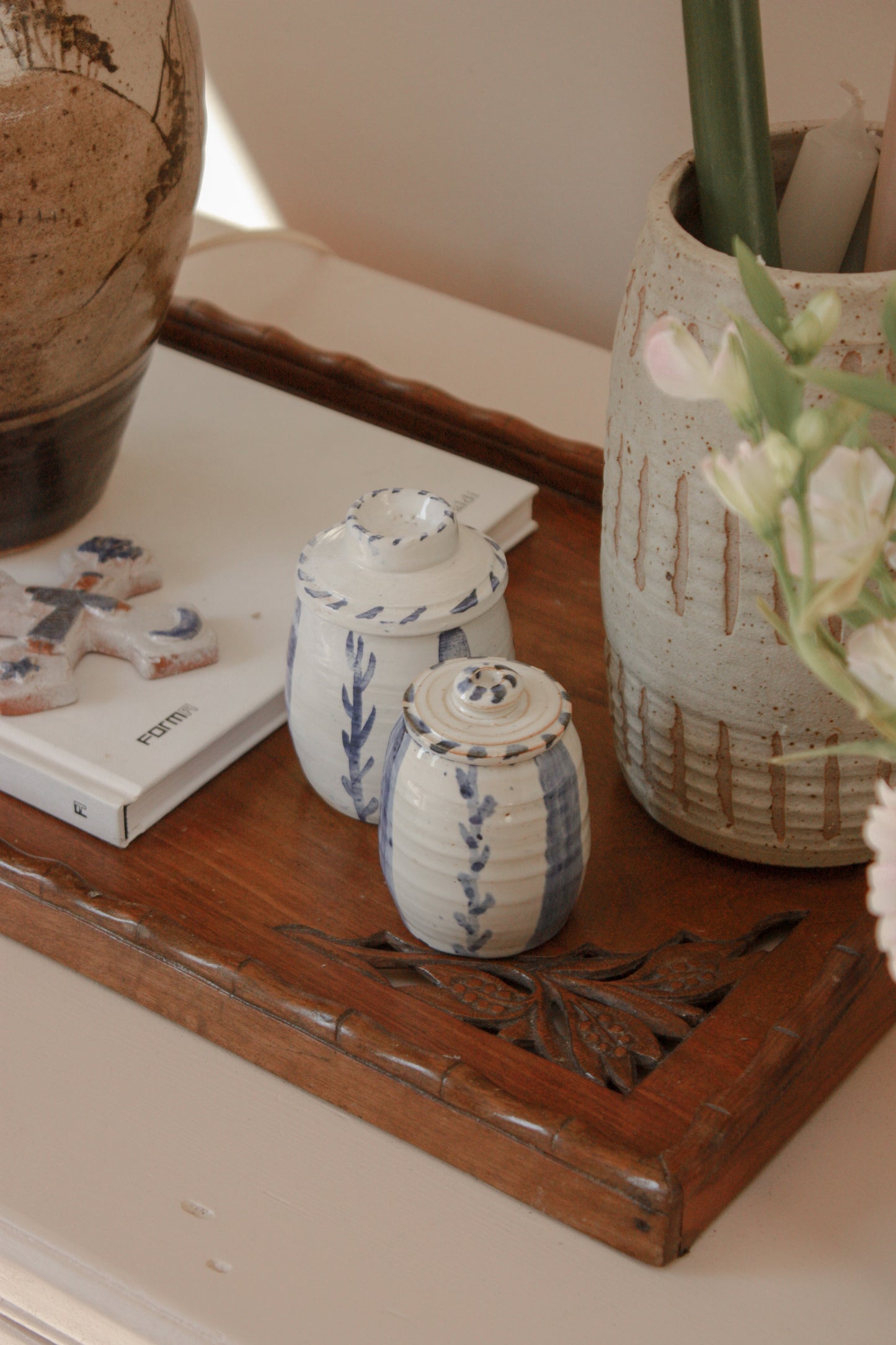Vintage art pottery lidded pots - set of two