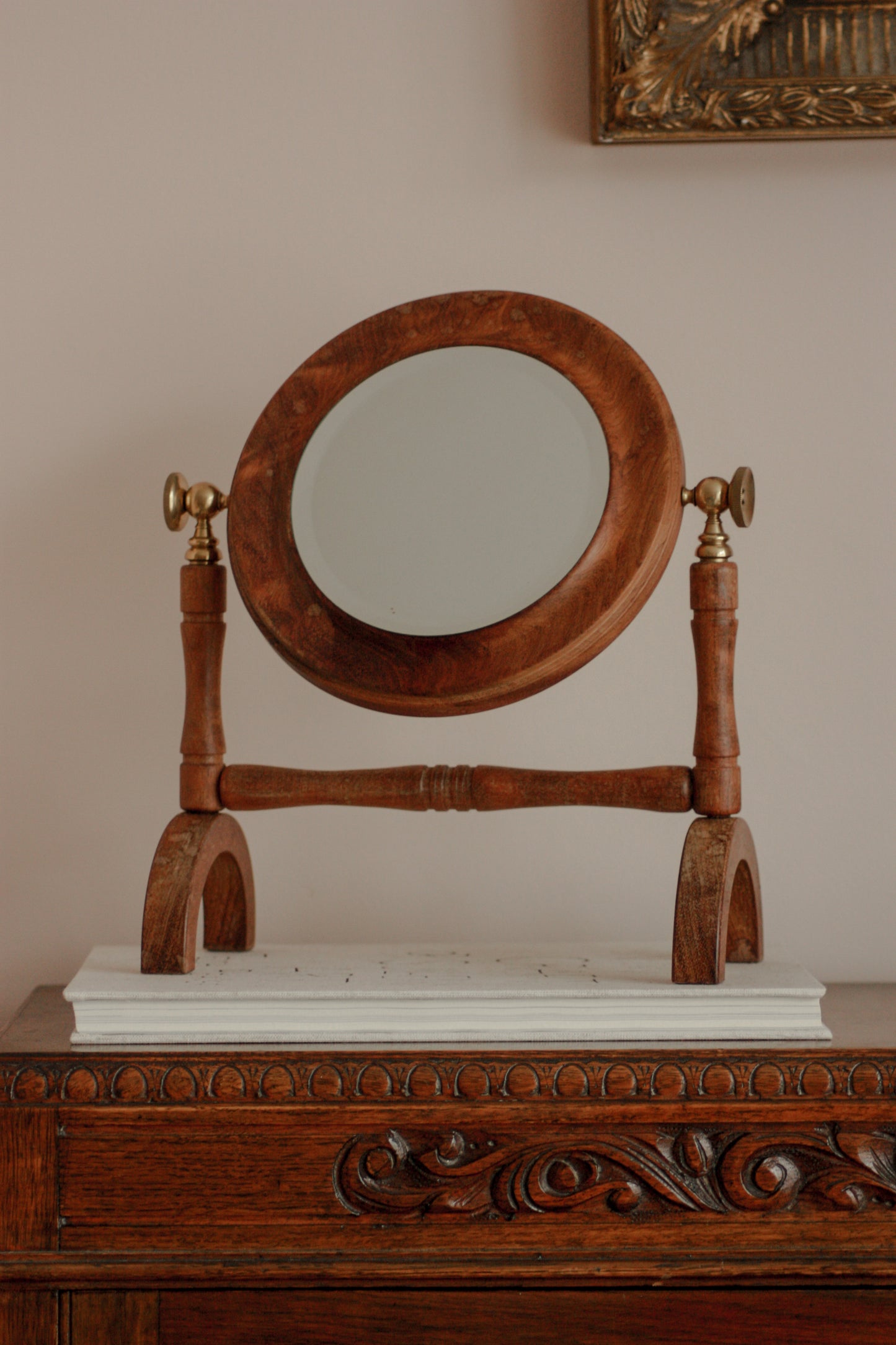 Vintage free-standing bevelled mirror with brass details
