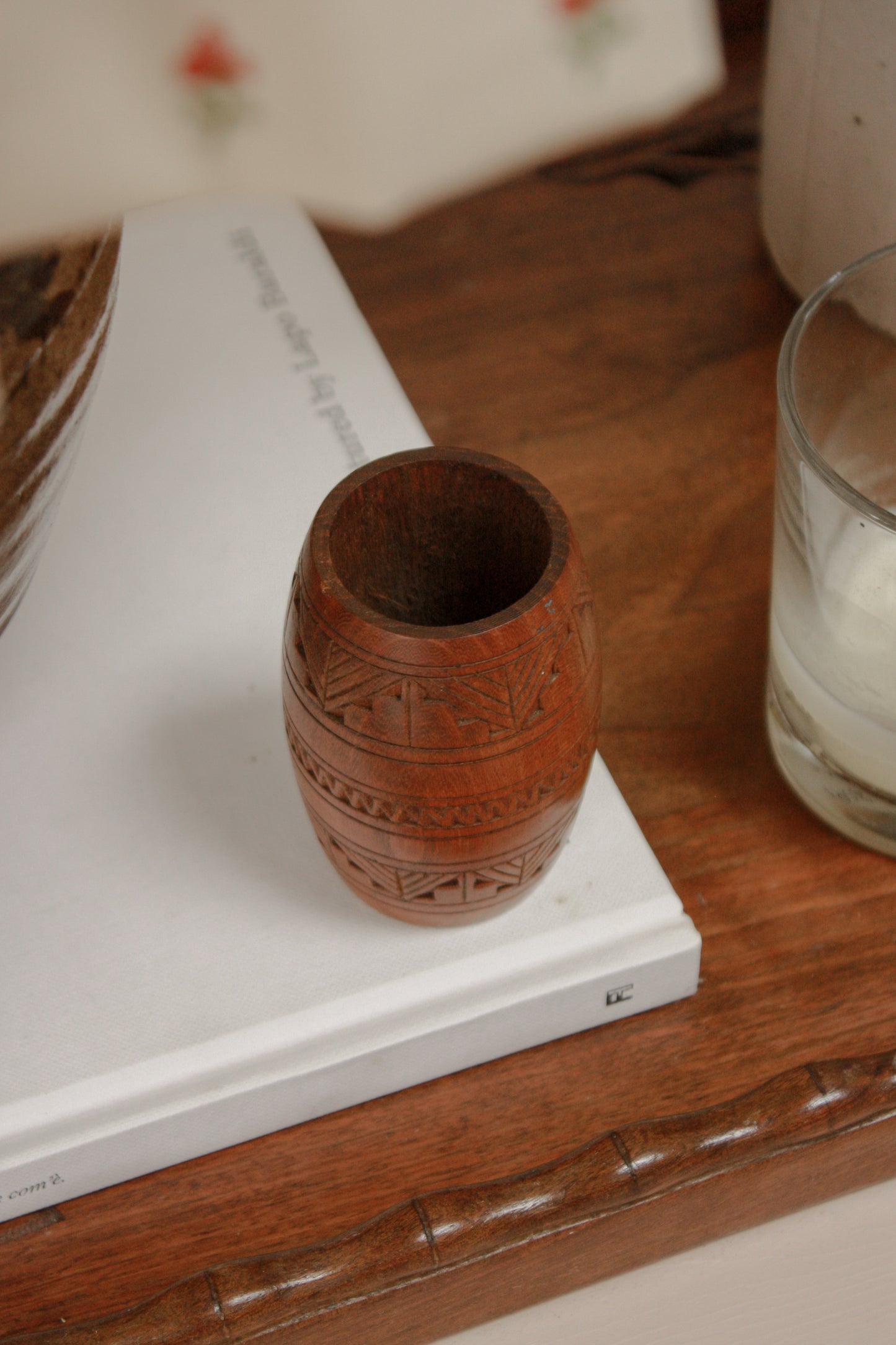 Vintage carved wooden match pot