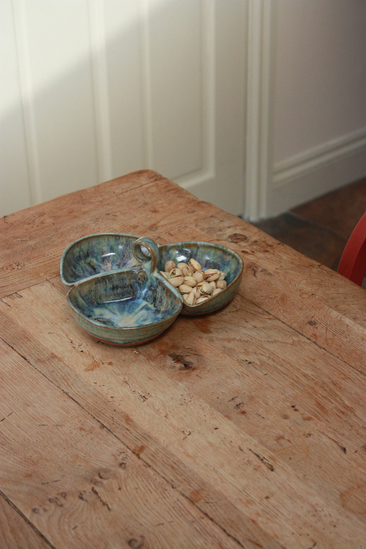 Studio pottery sectional dish with ocean glaze