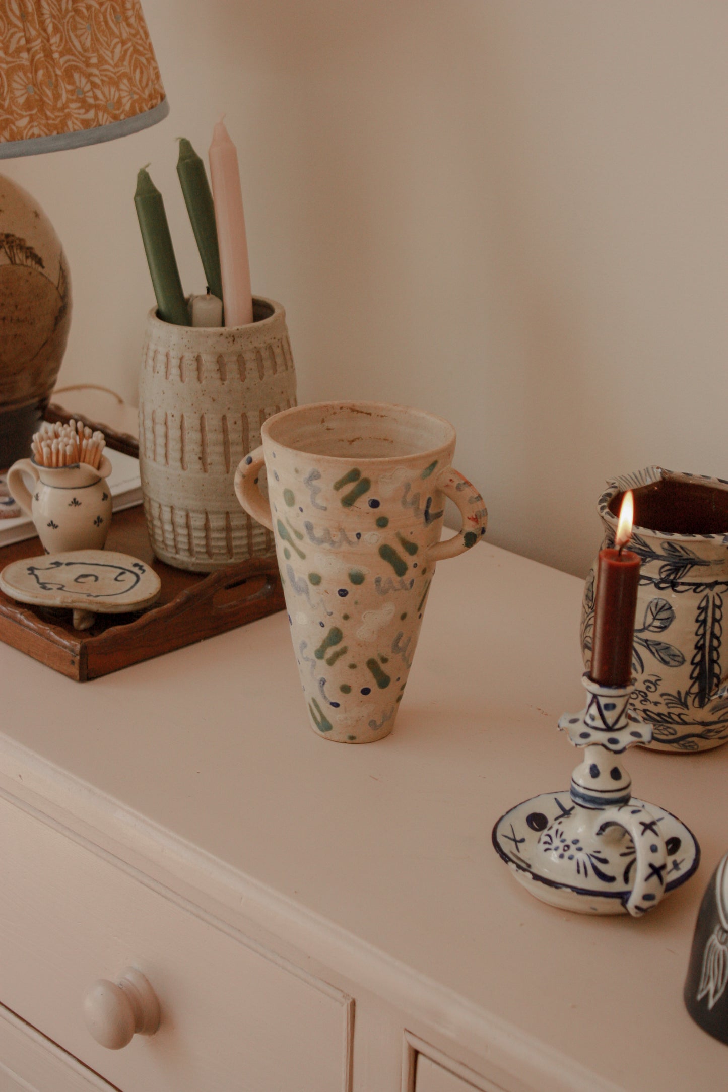 Vintage hand painted studio pottery trophy vase